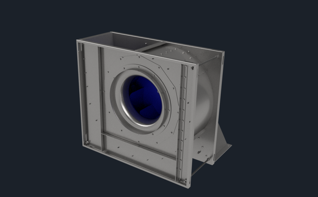 Industrial centrifugal fan housing with a circular inlet and rectangular metal casing